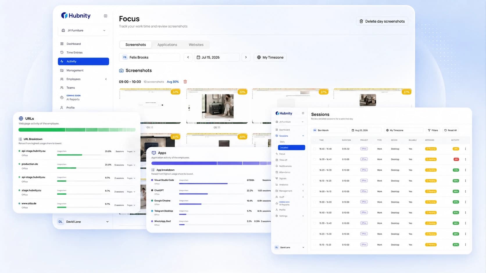 Hubnity workflow from tracked time to review and export