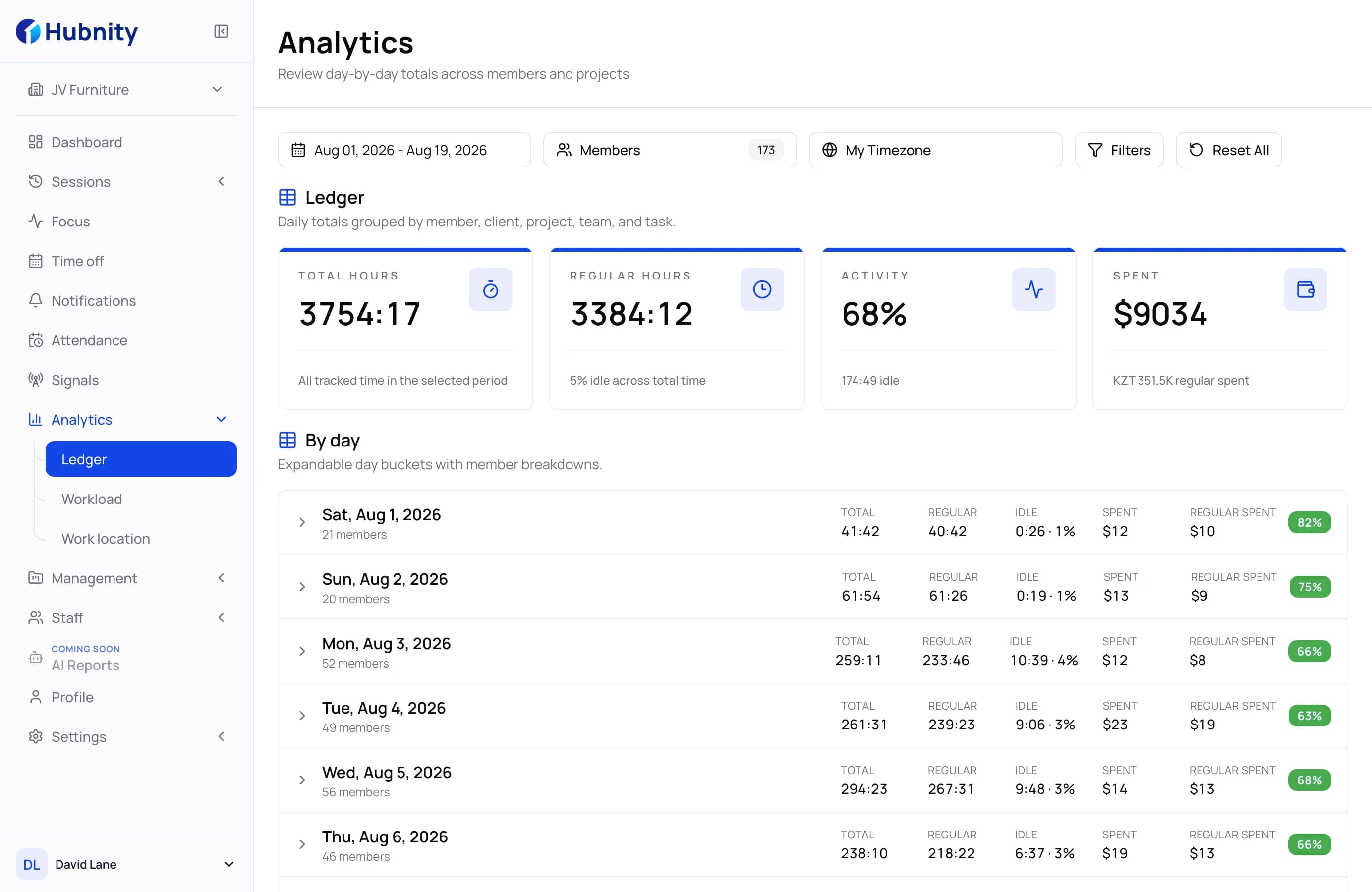 Hubnity analytics ledger with hours and spend per day