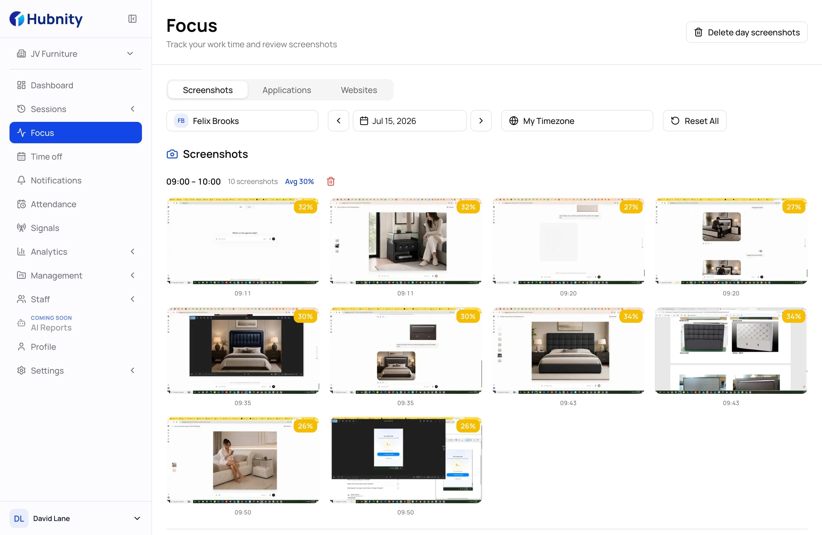 Hubnity Focus screen with periodic screenshots and activity levels