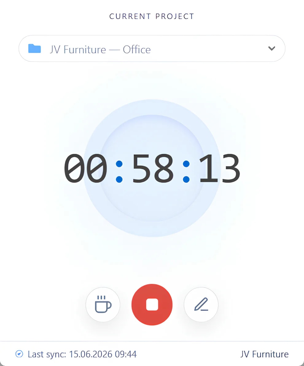 Hubnity desktop timer running for a selected project