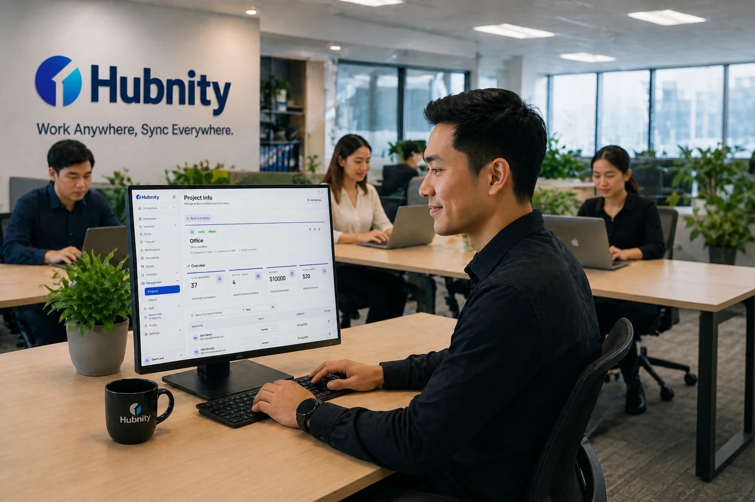 Team using Hubnity dashboards in a modern office