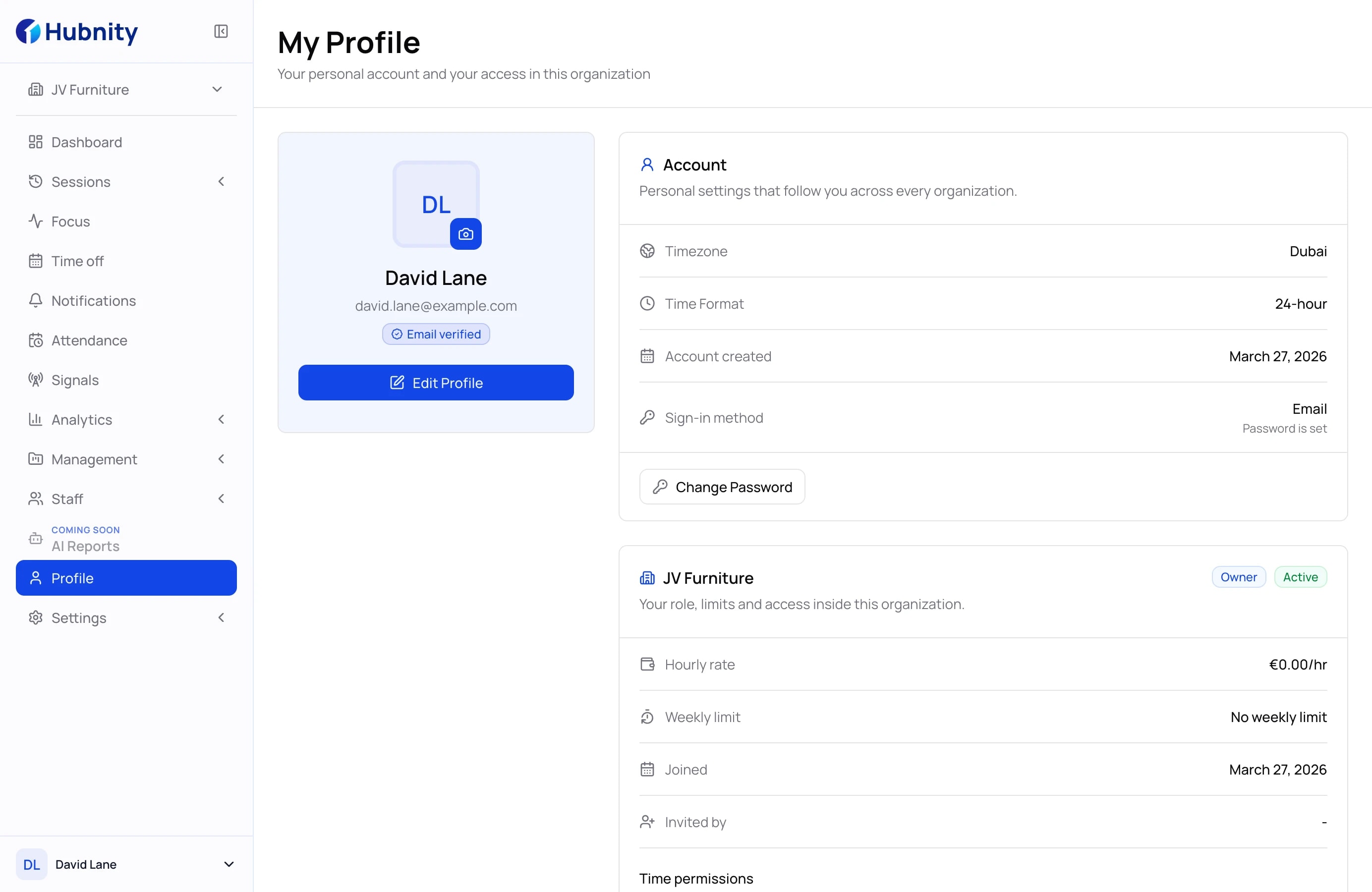 Hubnity profile with organization role, access limits, and permissions