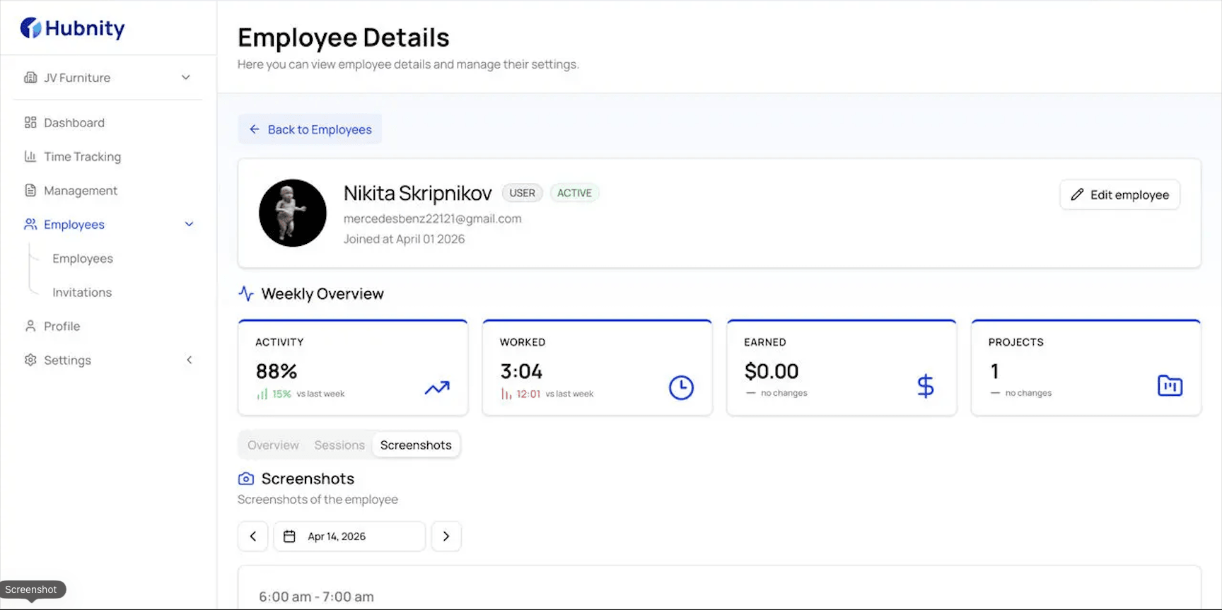 Small business owner dashboard with scheduling and payroll hour summaries