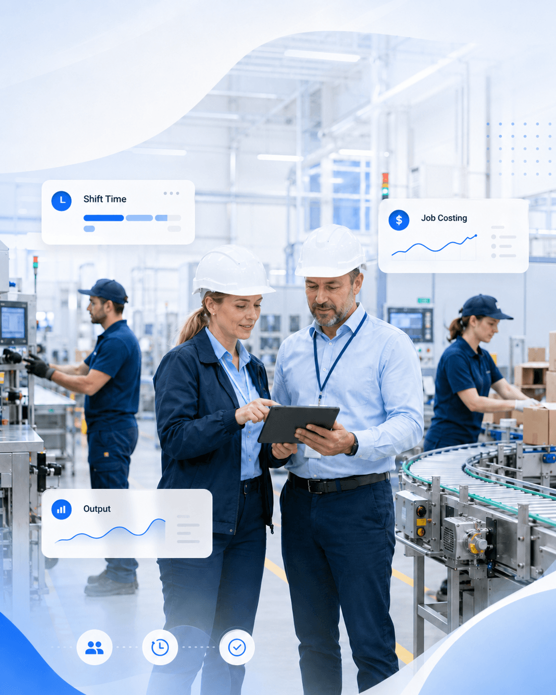 Production team monitoring shop floor activity and manufacturing throughput