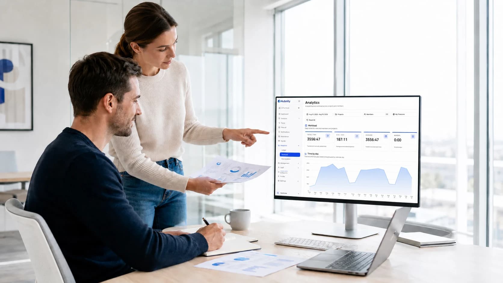 Team reviewing a Hubnity reports dashboard