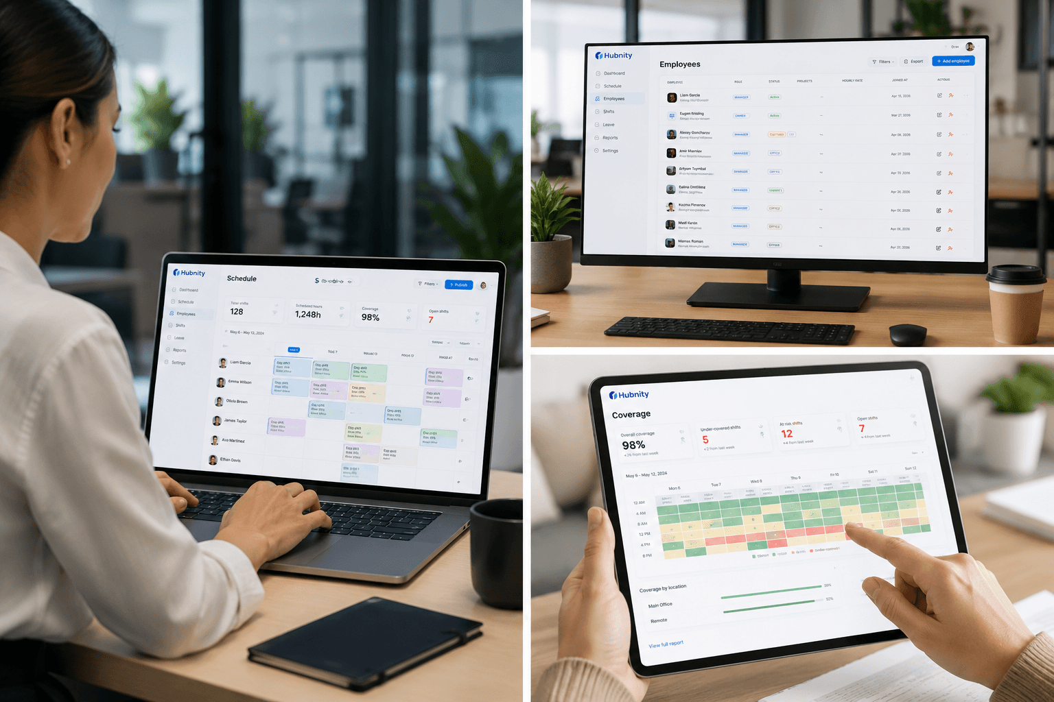 Staff scheduling dashboard with coverage and availability insights