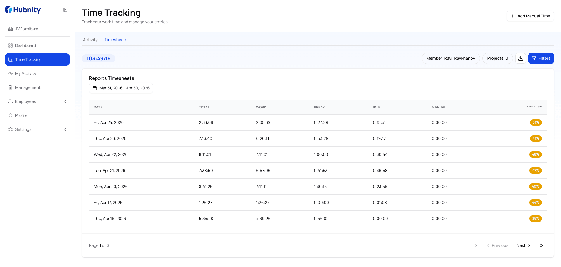 Freelancer dashboard showing billable hours and client project breakdown